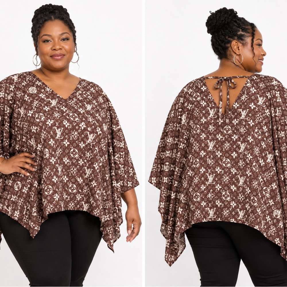 Plus Size Brown Printed V-Neck Tie-Back Top